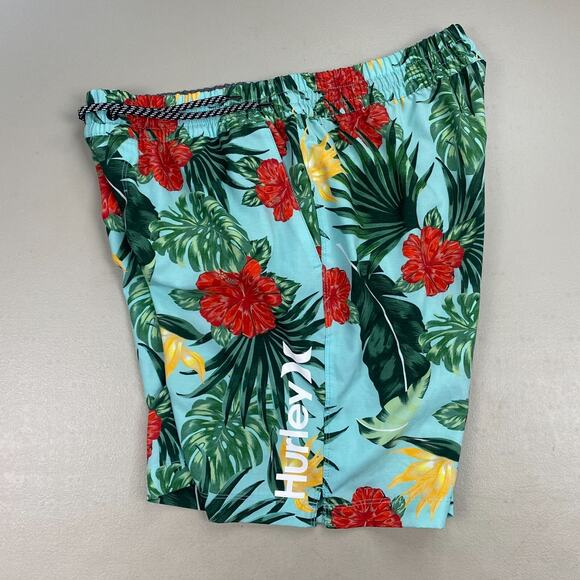 Hurley Hybrid Swim Shorts Mens Large Hibiscus Volley Tropical Floral Blue Trunks - Picture 2 of 13